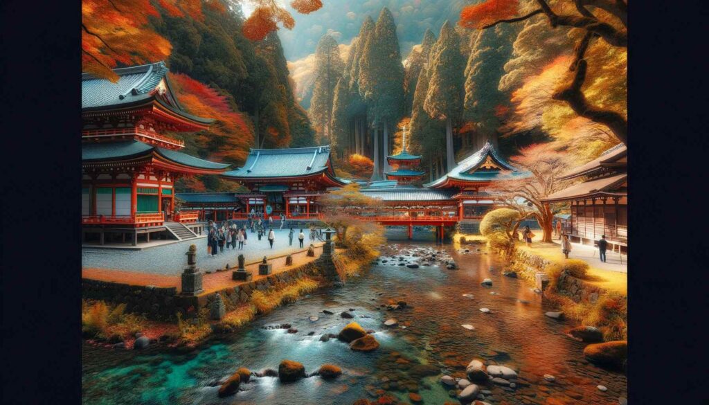 Day Trips Traveling Abroad A serene view of the UNESCO World Heritage site of Nikko in Japan, capturing the essence of a day trip from Tokyo. The image shows vibrant autumn