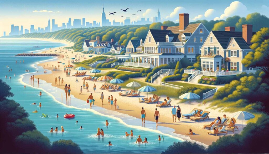 Day Trips Traveling Abroad An idyllic summer scene at The Hamptons, representing a day trip from New York City. The image features a sun-drenched beach with people relaxing