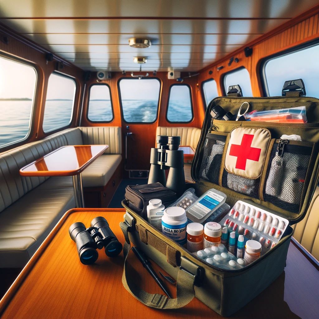 Essential Guide to Packing for a Fishing Charter The interior of a fishing charter boat cabin showing a first aid kit, binoculars, and a personal medication bag neatly arranged on a table.