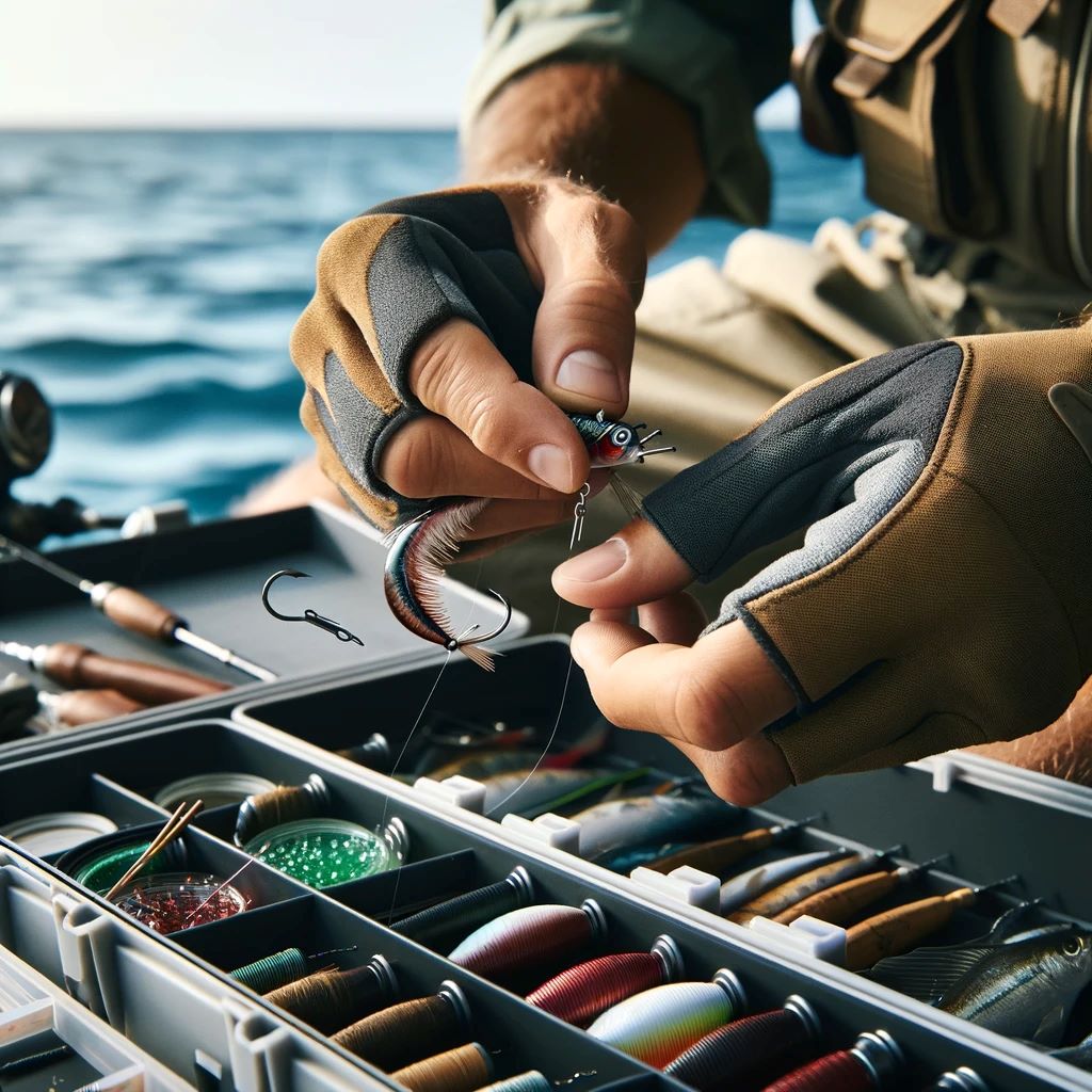 Essential Guide to Packing for a Fishing Charter Close-up of a fisherman's hands tying a lure to a fishing line, focusing on the precision and skill involved. The fisherman wears protective glove