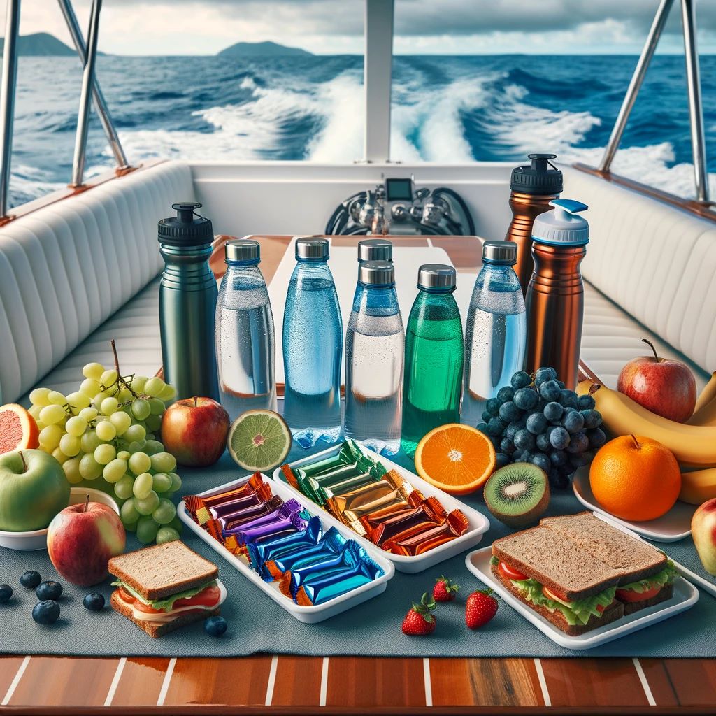 Essential Guide to Packing for a Fishing Charter A variety of snacks and water bottles laid out on a table on a fishing charter boat, showcasing healthy options like fruit, energy bars, and sandwiches