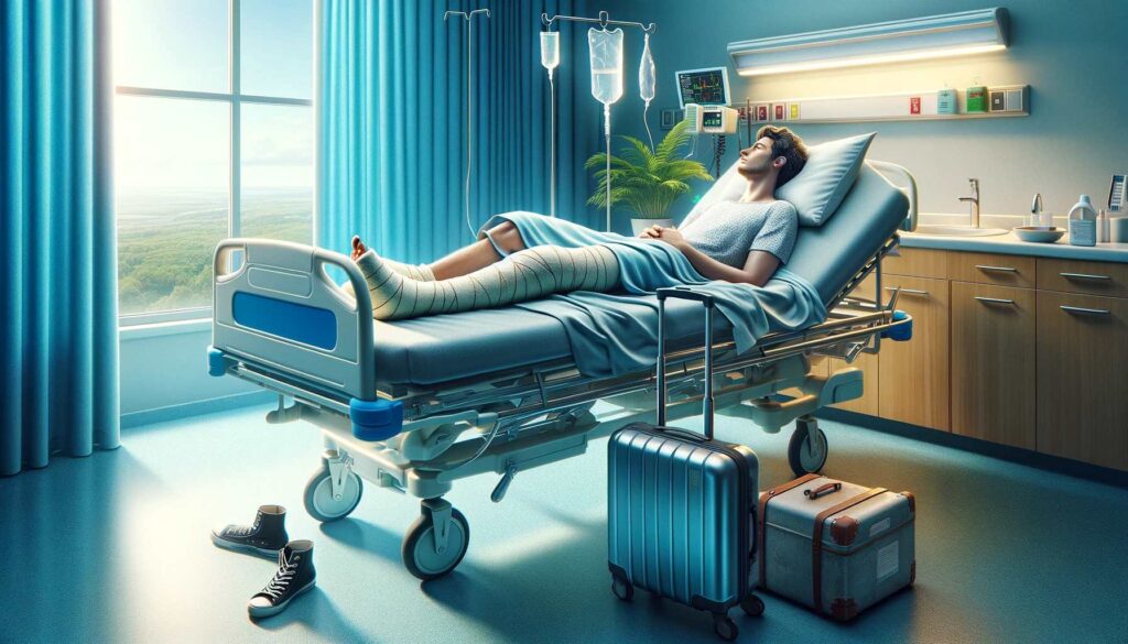Comprehensive Travel Insurance Design an image depicting a person with a broken leg in a hospital room, illustrating the unexpected challenges of travel. The individual is resting