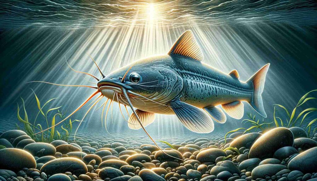 A detailed illustration of a catfish swimming gracefully in a river. The scene captures the elegant movement of the catfish's whisker-like barbels 