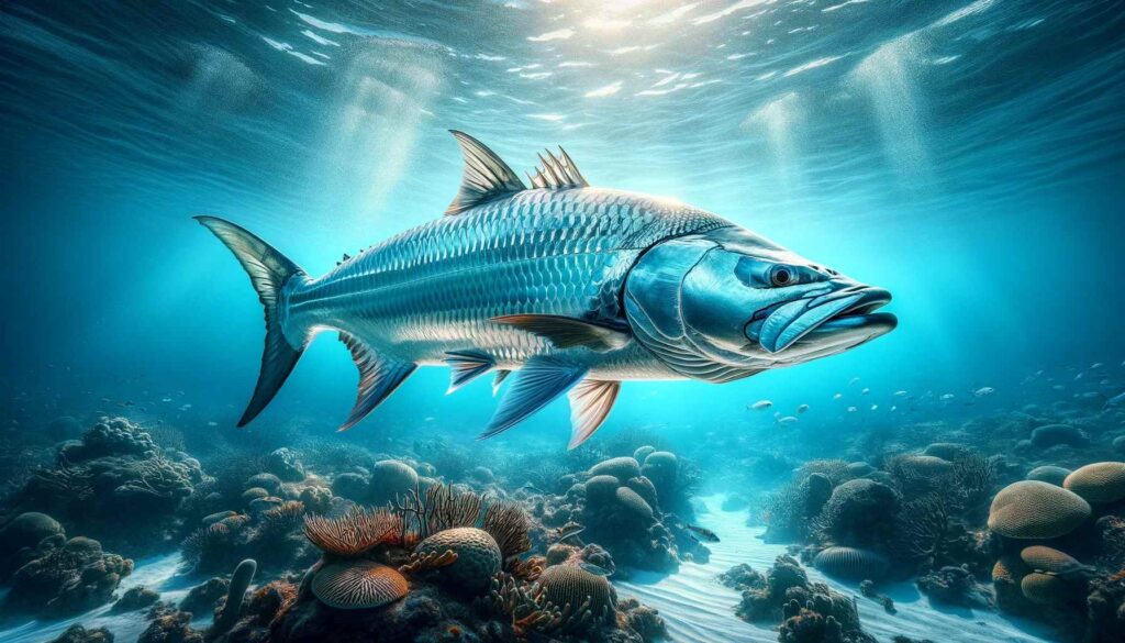 Top Tarpon Fishing Spots for Your Next Trip Create an image of a tarpon fish, emphasizing its metallic silver scales and impressive size, as it swims in the open sea.