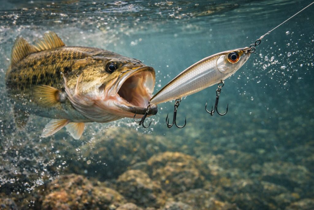 Bass fish attacking a lure underwater