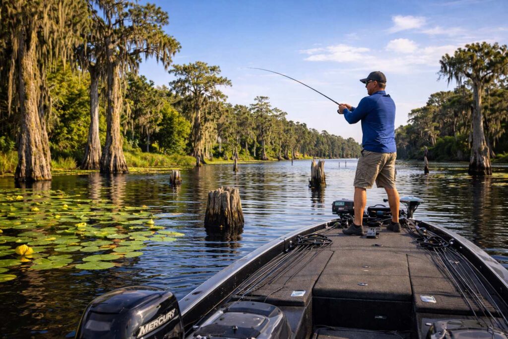 10 Best Bass Fishing Lakes in Florida for Trophy Fish and Year-Round Action image of Rodman Reservoir man fishing for bass