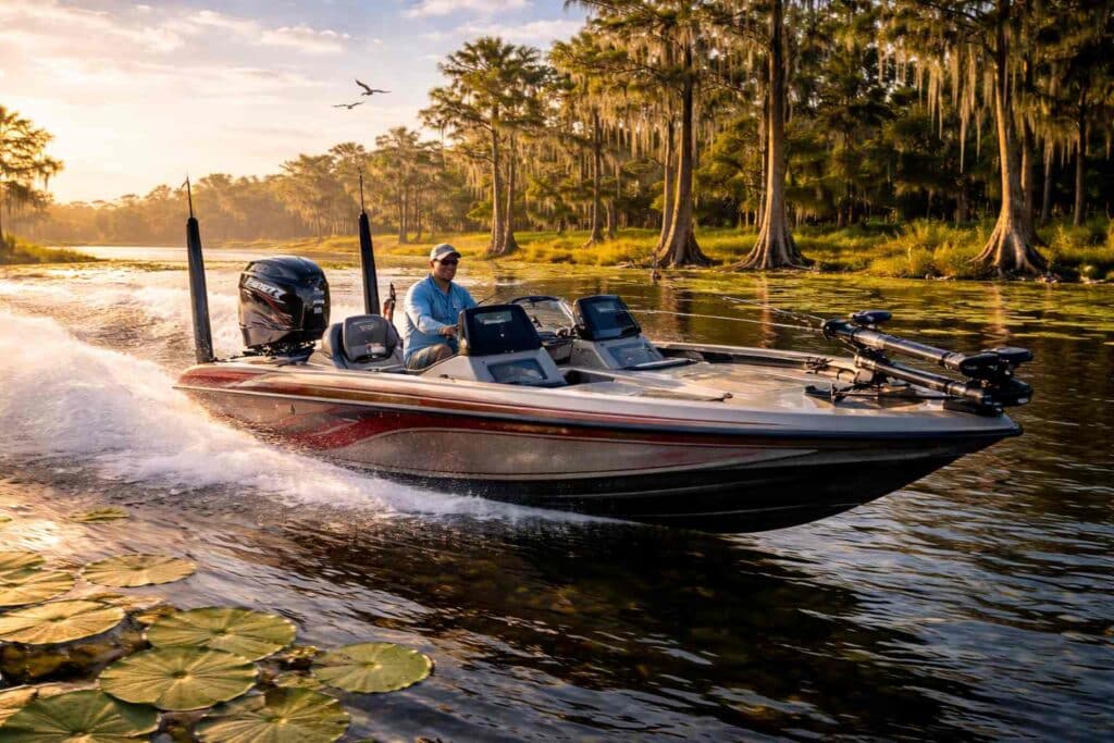 Boat speeding through a serene lake