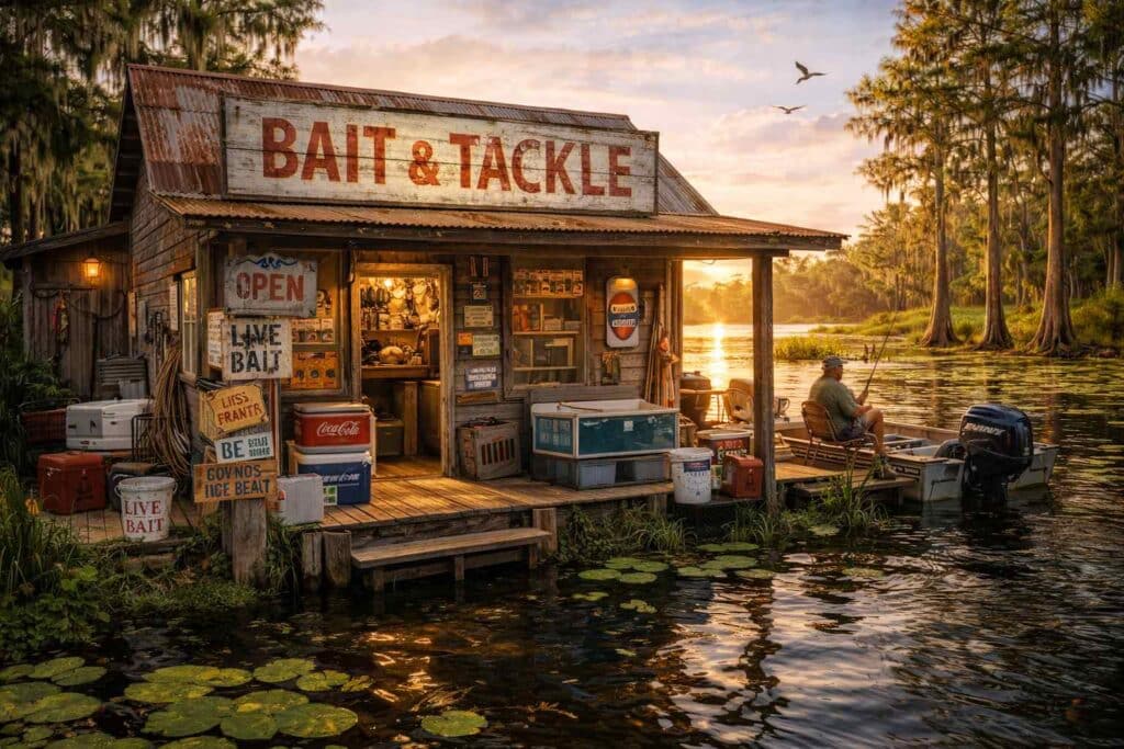 Quaint bait shop by serene lake