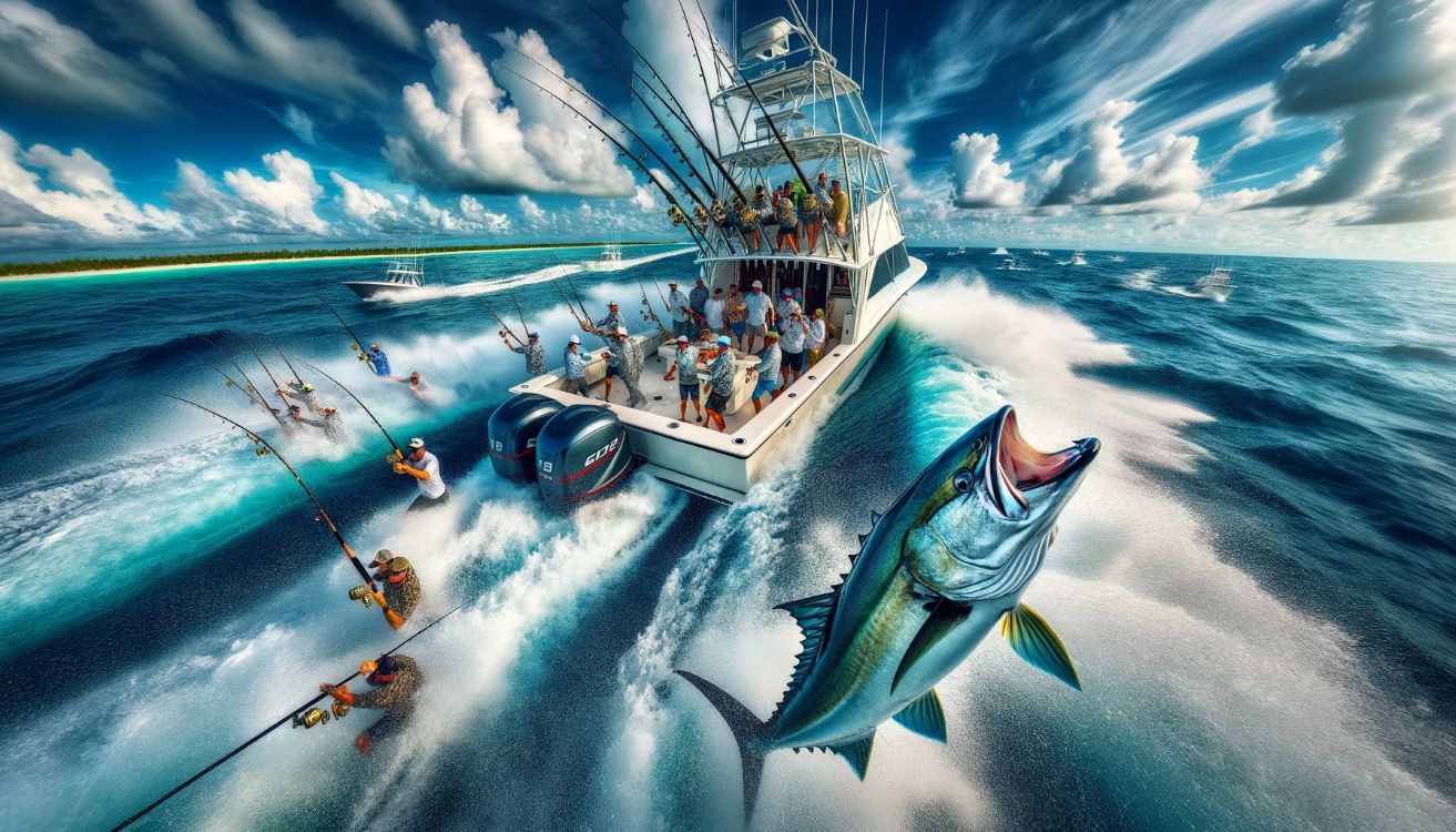 Unforgettable Fishing Holidays Thailand Adventures A dynamic image showing an action-packed fishing trip in fishermen on a large crazy