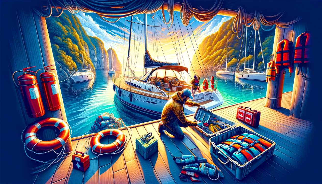 A detailed and vibrant image depicting a person preparing their boat for a water adventure. The image should show a beautiful boat at a dock. 10 Item Guide Preparing Your Boat for the Water