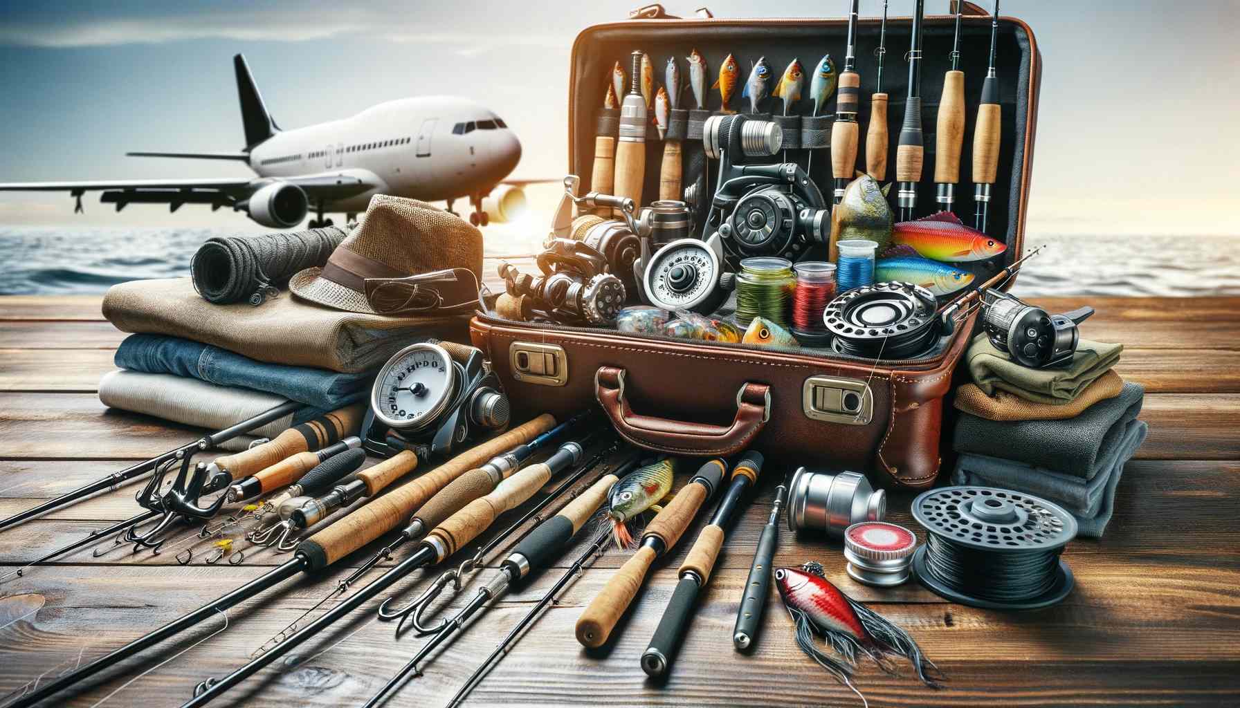 Image of a variety of fishing gear neatly arranged for travel. Include items like rods, reels, line, lures, and hooks, with an airplane, A Guide to Overseas Fishing Trips: Essential Checklist for the Adventure of a Lifetime