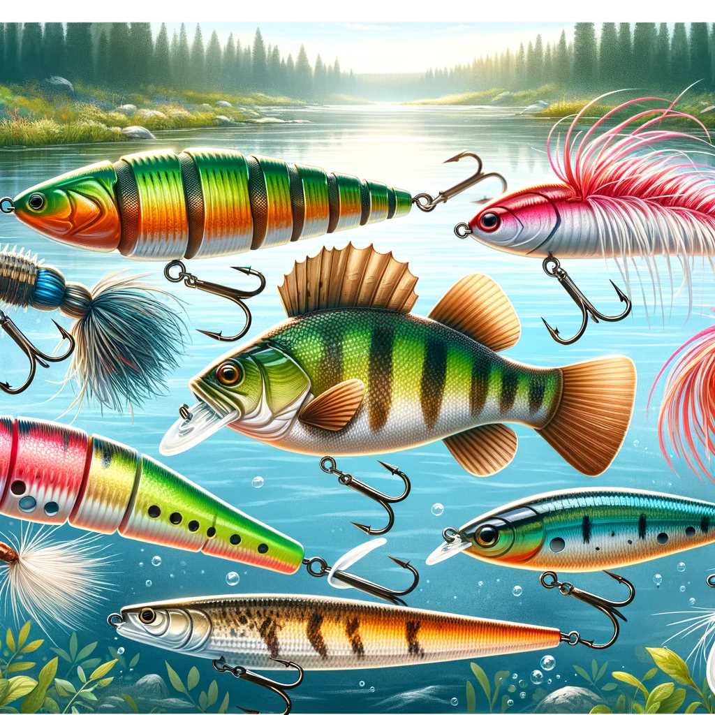 An illustration depicting a variety of freshwater fishing lures, including spinnerbaits, soft plastic worms, and small crankbaits.