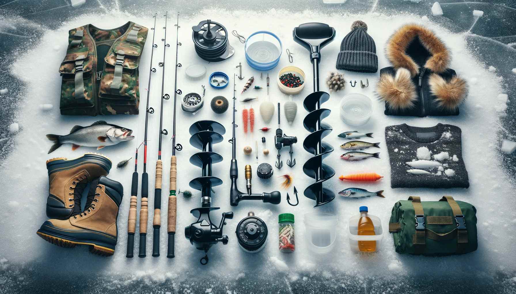 An array of basic ice fishing gear laid out on a snowy background. The gear includes an ice auger, a simple fishing rod, various types of baits