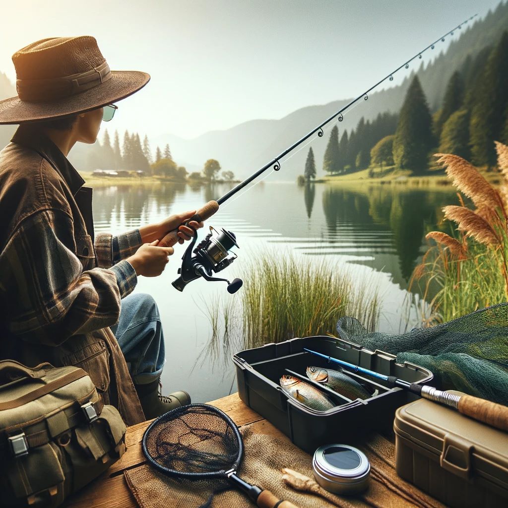 A serene lake fishing scene with a person holding a rod and reel, surrounded by nature. The person is wearing weather