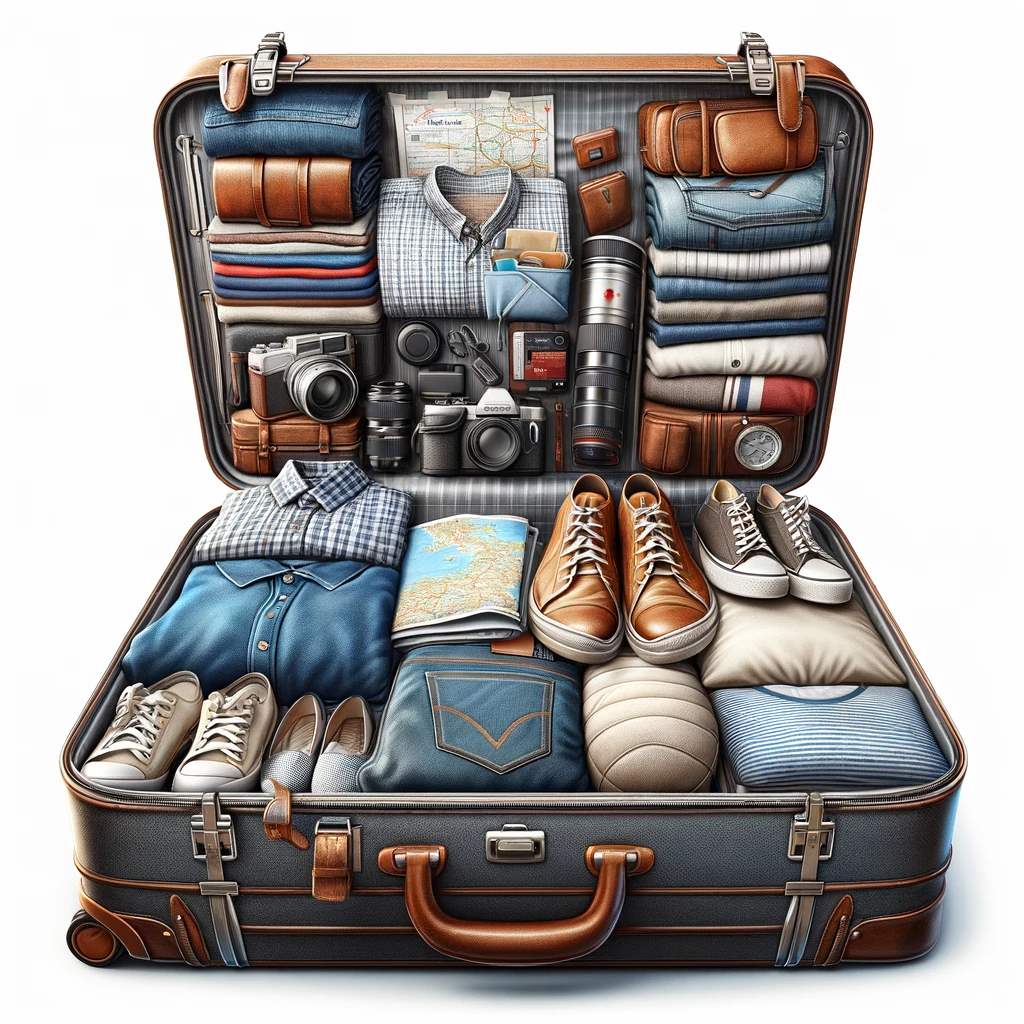 An image of a different open suitcase, fully packed for a trip. This suitcase is larger and contains a variety of travel items_ a mix of casual
