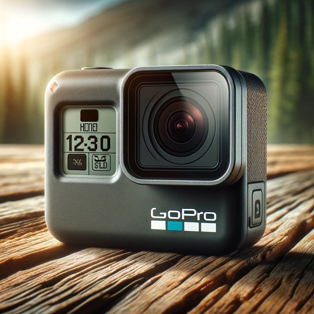 Ultimate Guide to Top Fishing Cameras of 2024 A GoPro Hero 12 action camera resting on a wooden surface with a background suggesting outdoor adventure. The camera has a sleek design