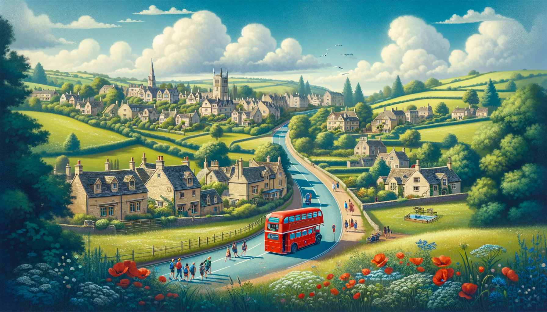 A picturesque English countryside scene representing a day trip from London to the Cotswolds. Rolling green hills, historic stone cottages, and meadow