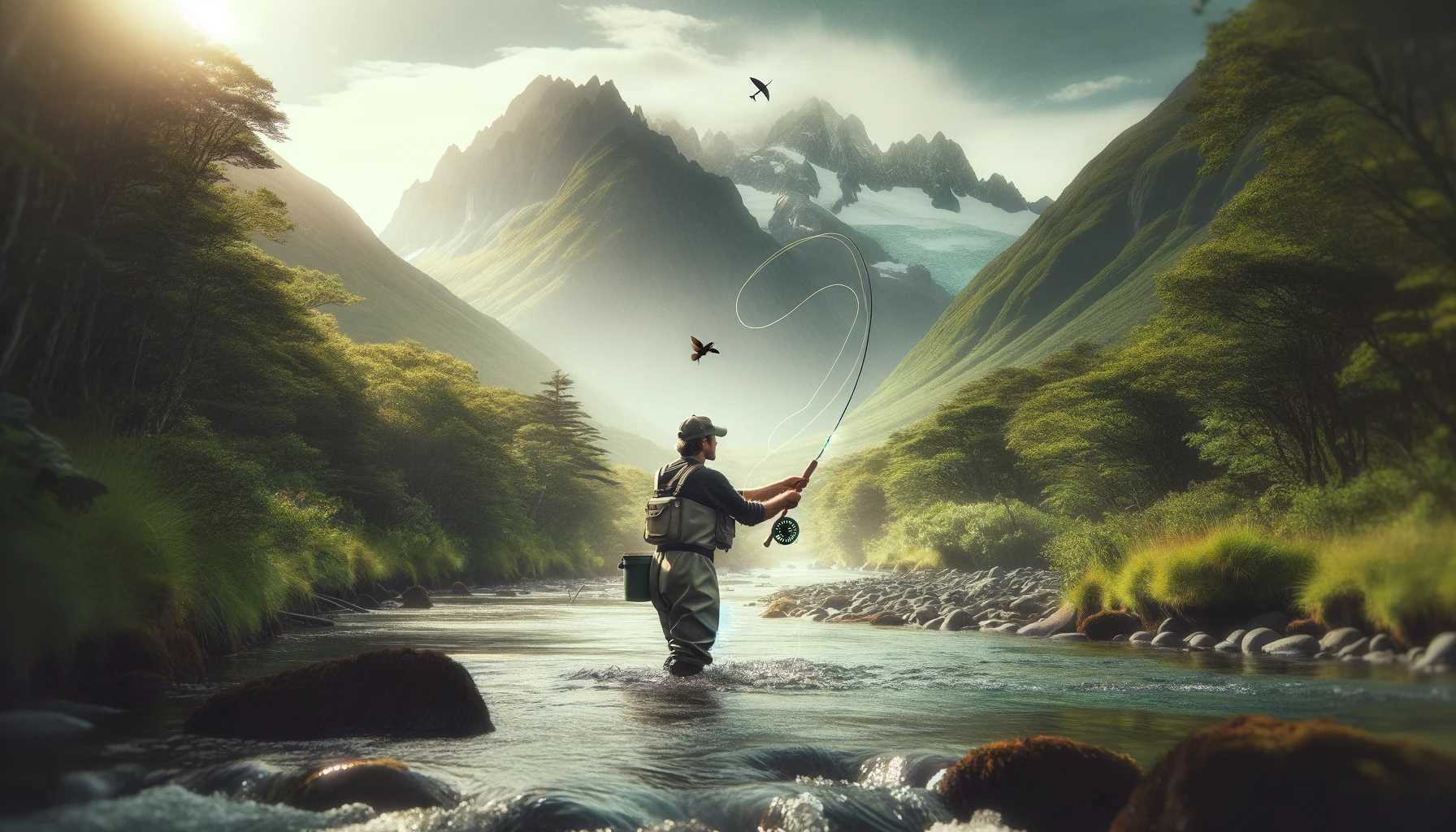 Fly Fishing An angler demonstrating the art of fly casting in a serene mountain stream, surrounded by lush greenery and a backdrop of majestic mountains.