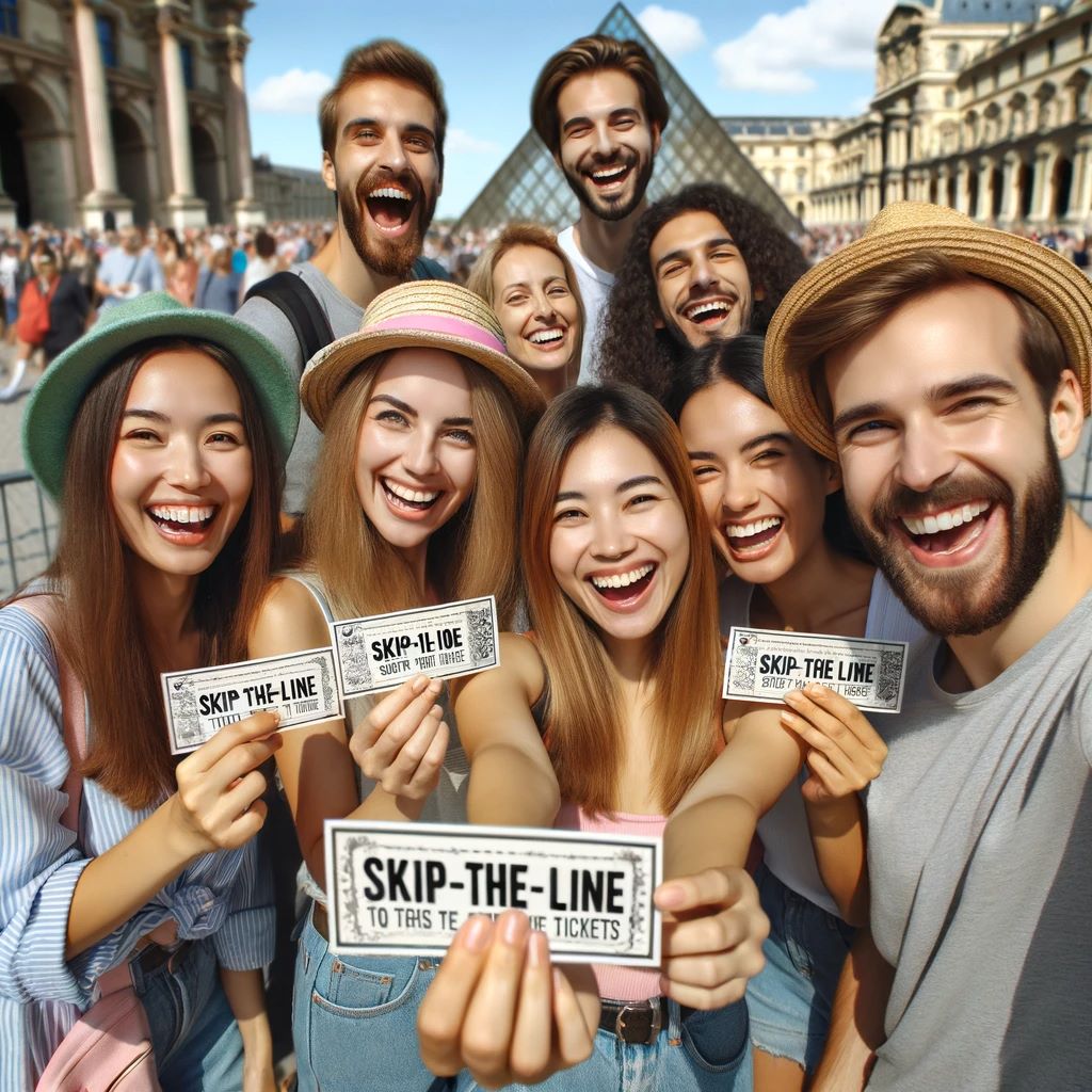 A group of happy tourists showing their skip-the-line tickets at the entrance of a popular tourist attraction. The tourists are diverse, smiling