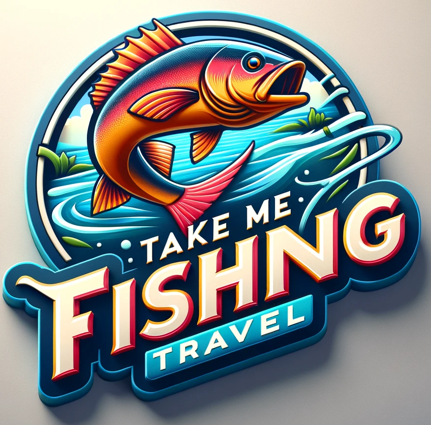 Design a 3D logo for 'Take Me Fishing Travel'. The logo should feature a prominent 3D fish leaping dynamically out of a 3D water surface, symbolizing this blog