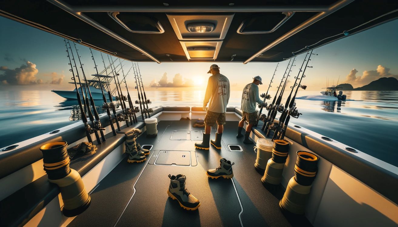 Essential Guide to Packing for a Fishing Charter A panoramic view of the deck of a fishing charter boat at sunrise, featuring fishermen wearing non-slip shoes and water-resistant gear