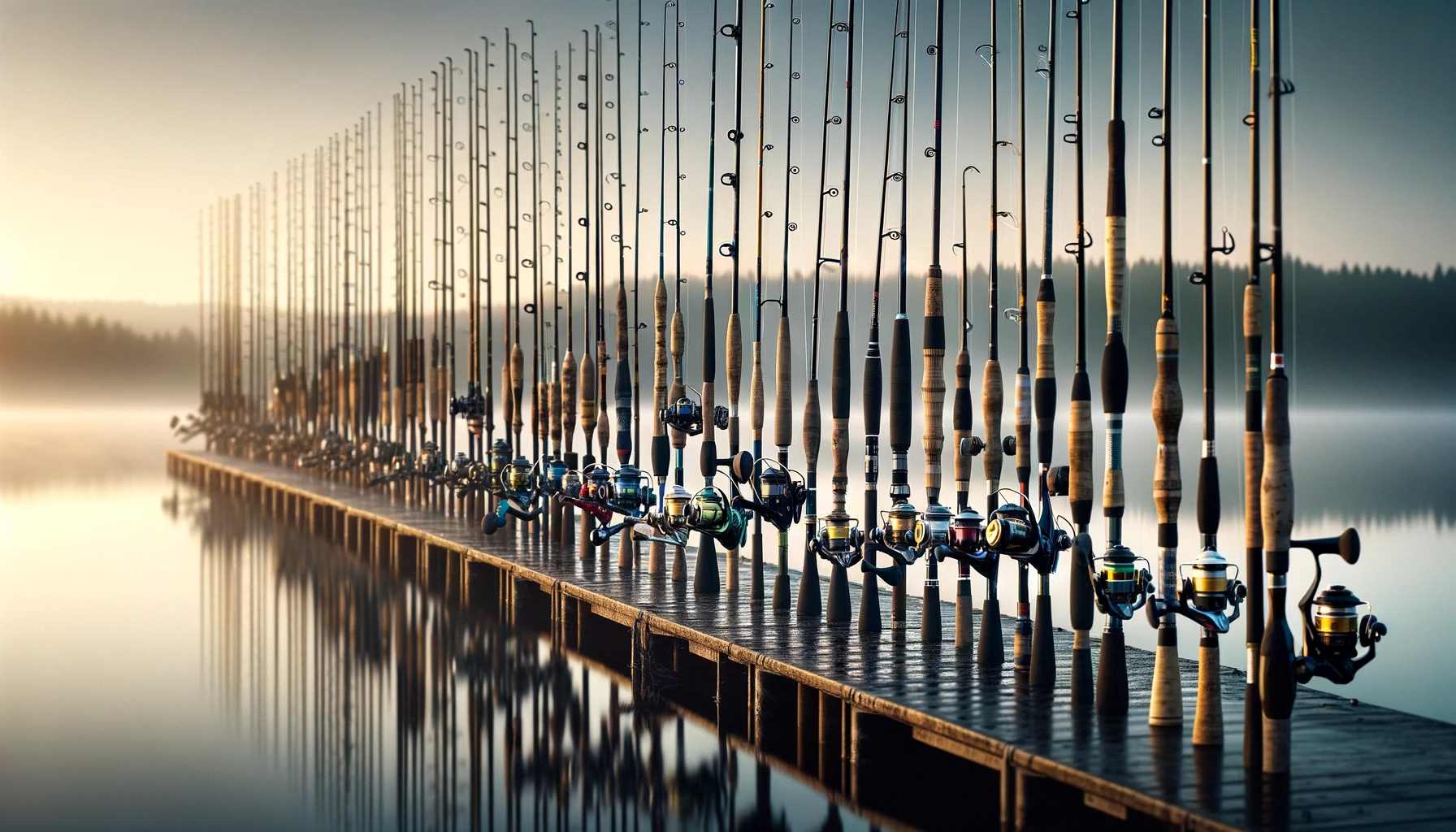 Best Fishing Poles for Every Angler's Needs A collection of various fishing poles lined up against a serene lakeside background. The fishing poles vary in design, from traditional bamboo rods
