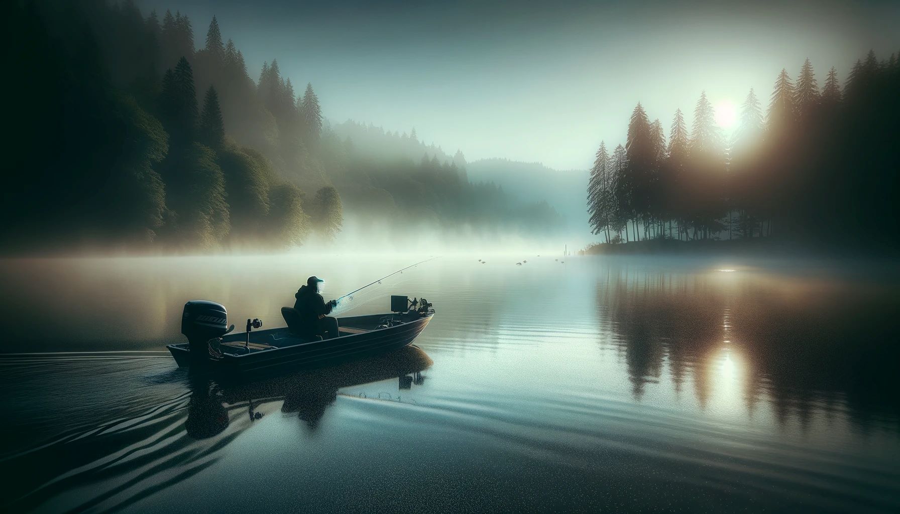 Land the Big One: Best Bass Fishing Rod and Reel A serene lake scene at dawn with mist hovering over the calm water. In the foreground, a fisherman in a small boat is casting a line, focusing intentl