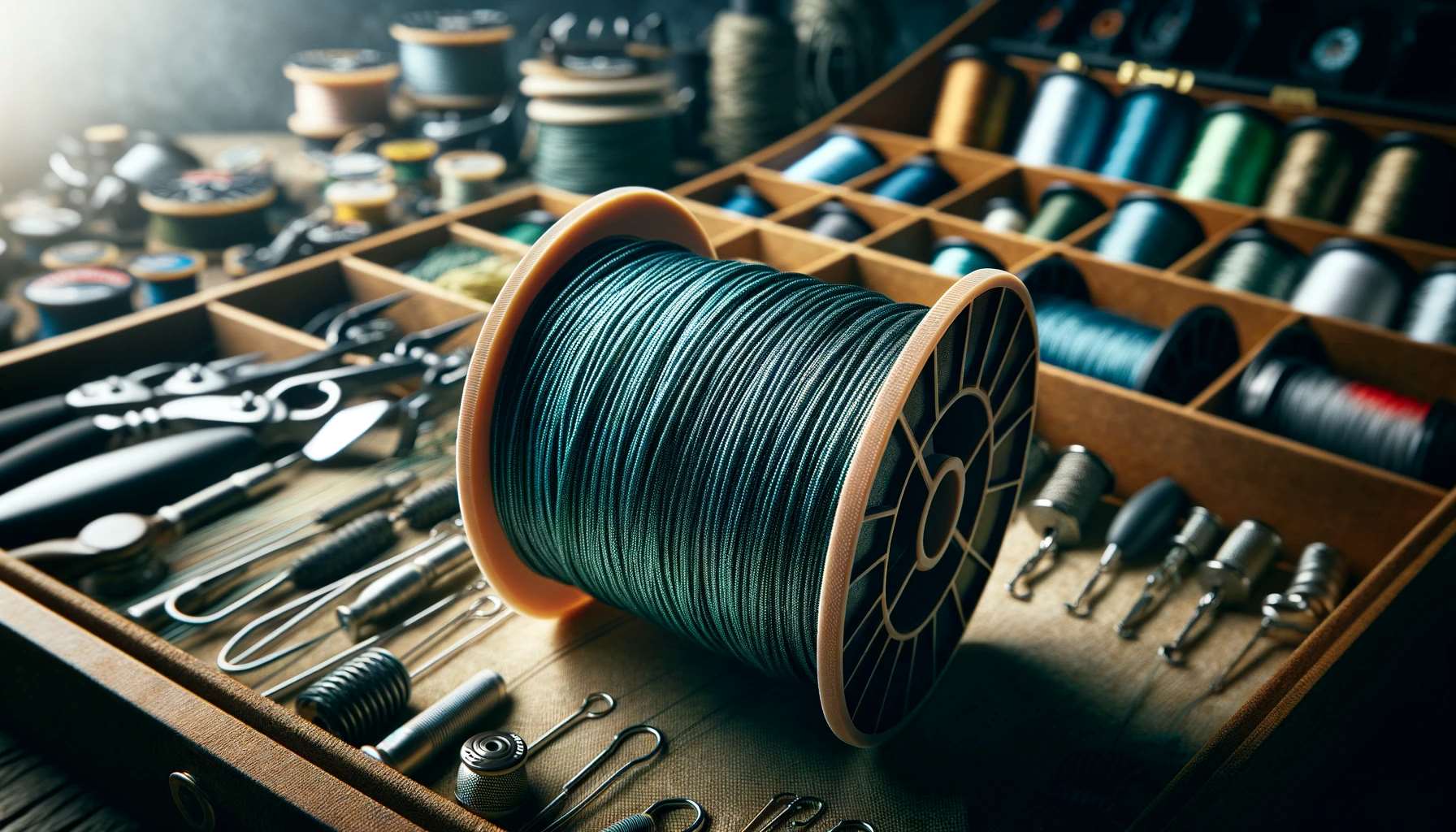 A close-up image of a fishing spool fully wound with high-quality fishing line, placed against a blurred background of a tackle box