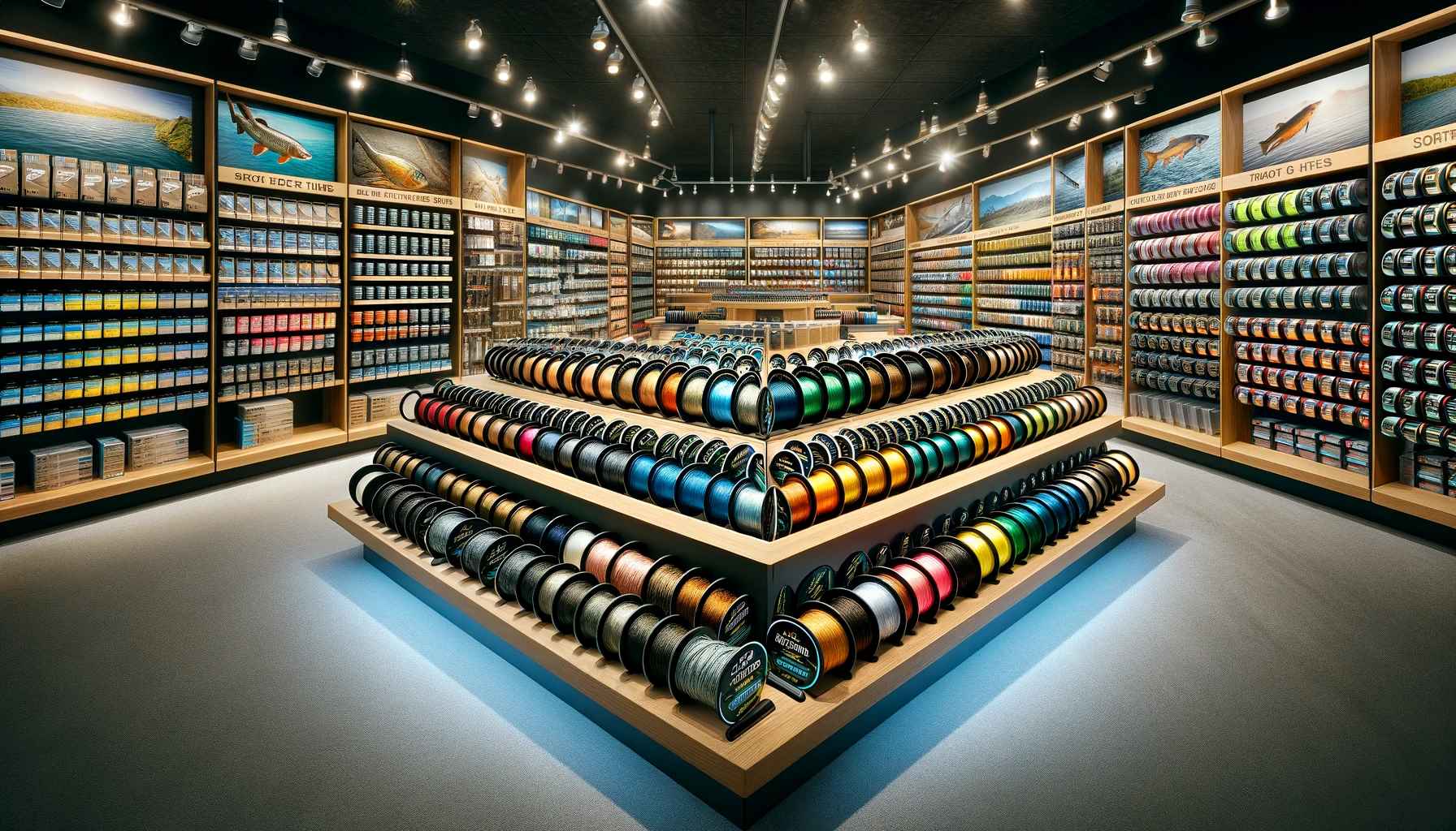 Best Braided Fishing Line for Peak Performance Visualize a store display featuring spools of braided fishing line, arranged meticulously on shelves to highlight their variety and quality.