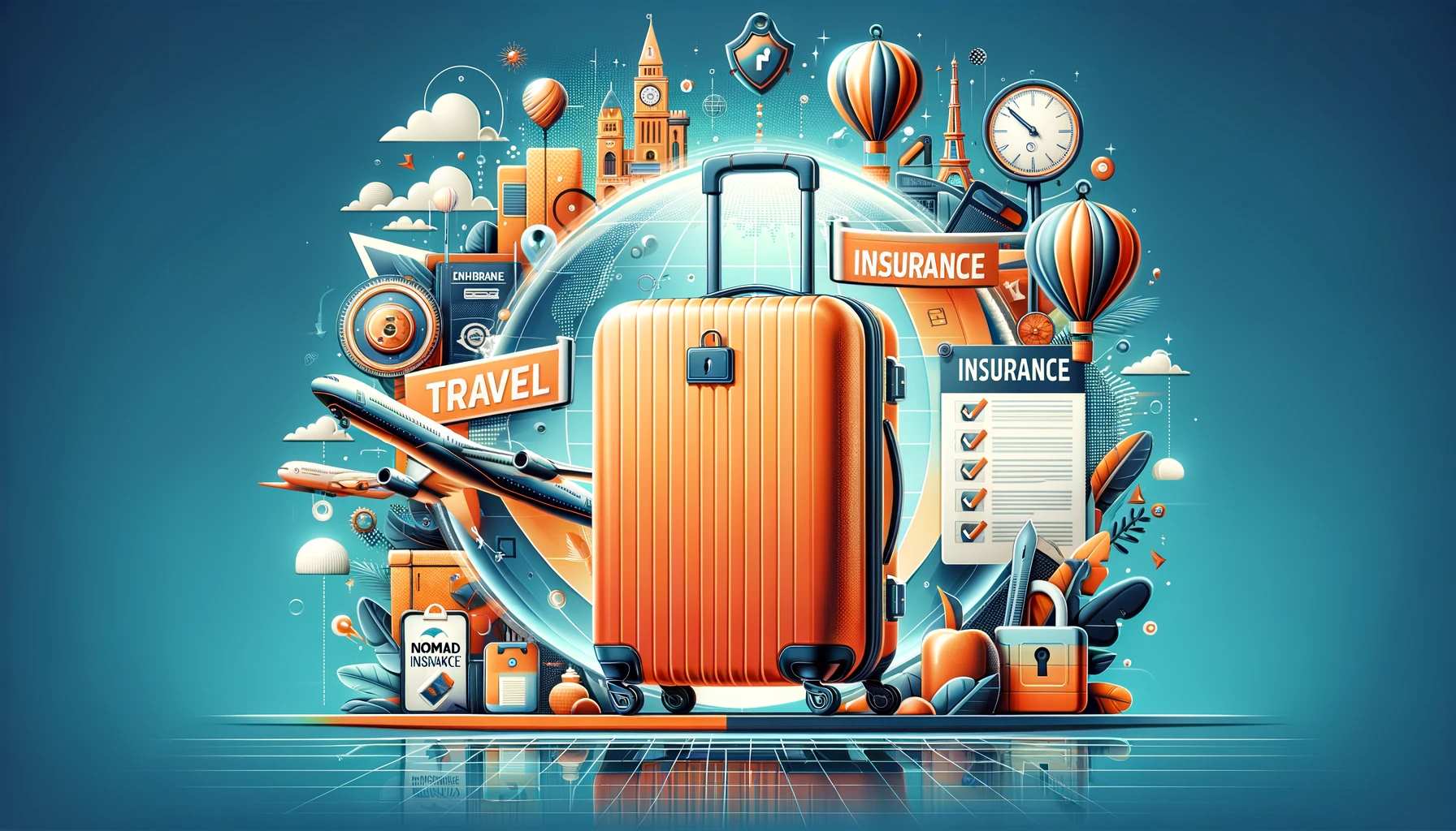 Comprehensive Travel Insurance Design a visually appealing and creative image that showcases travel luggage as a central theme, representing the concept of travel insurance