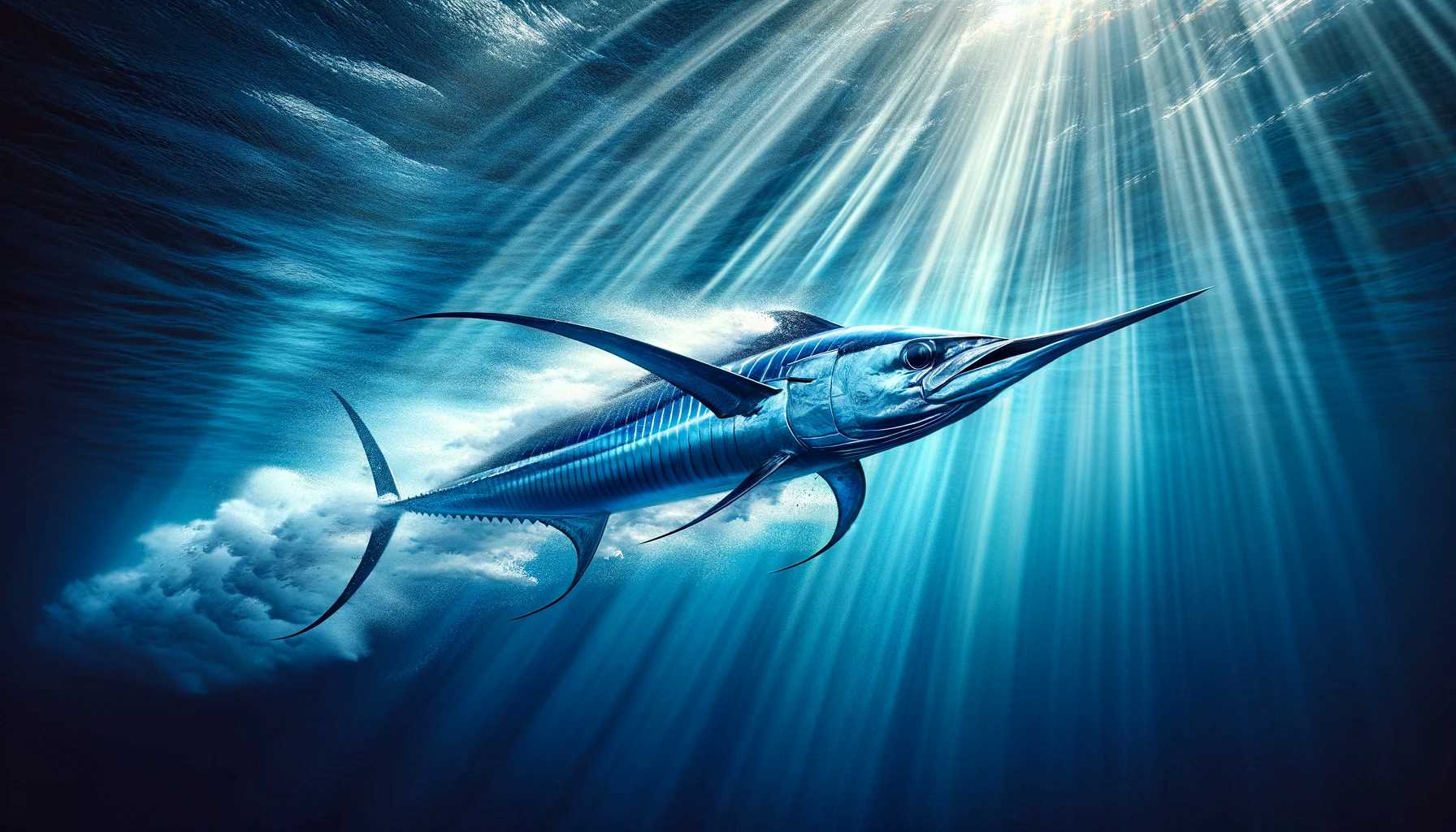 A captivating underwater scene depicting a live wahoo, known for its slender body and incredible speed, darting through the open ocean.