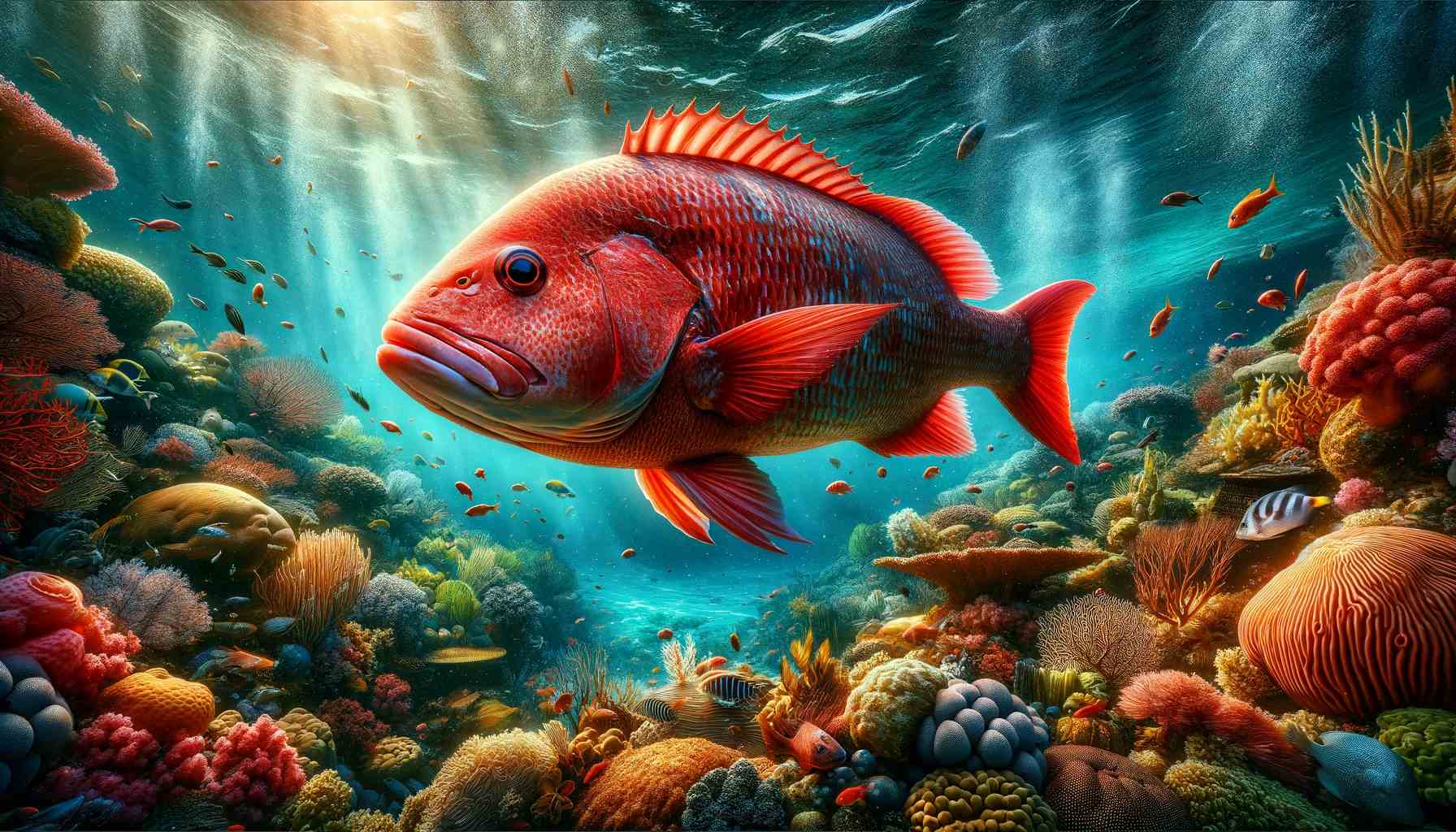 Top Five Destinations for Northern Red Snapper Fishing A stunning underwater scene depicting a live Northern red snapper in its natural habitat, a coral reef bustling with marine life.