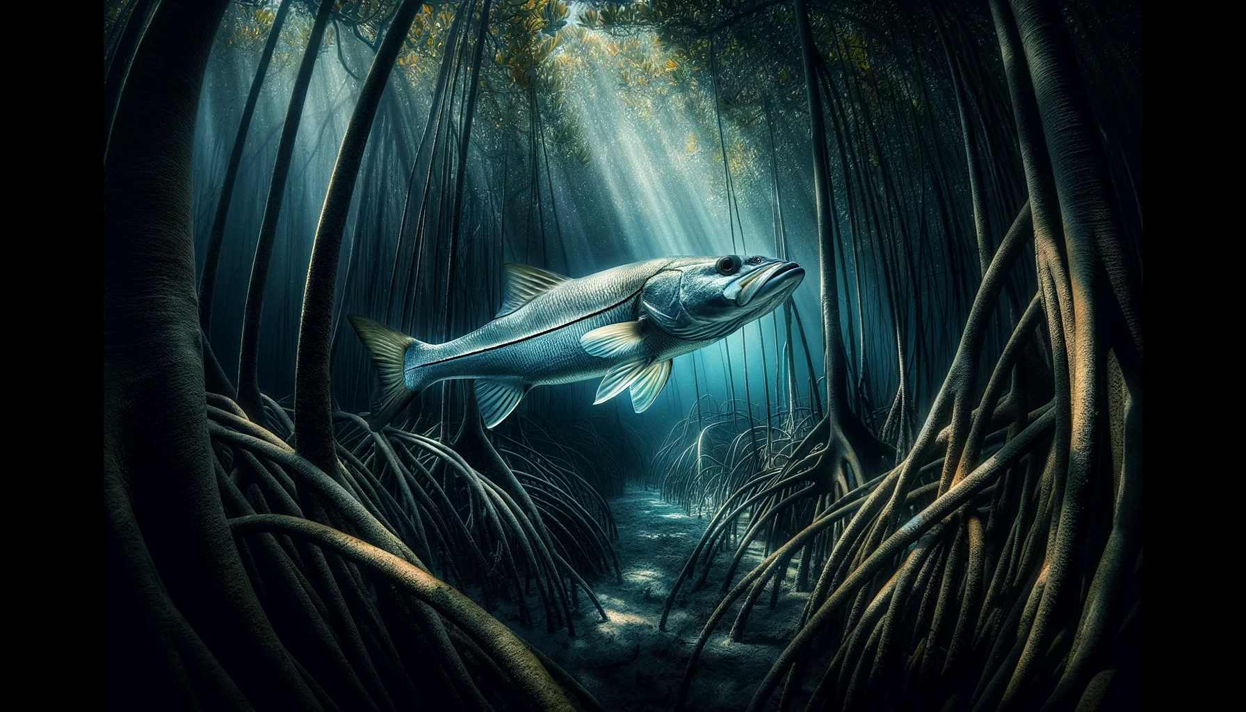 Top Five Destinations to Catch Common Snook A mesmerizing underwater scene showing a live snook gliding through a shadowy mangrove estuary. The snook, known for its distinctive body shape