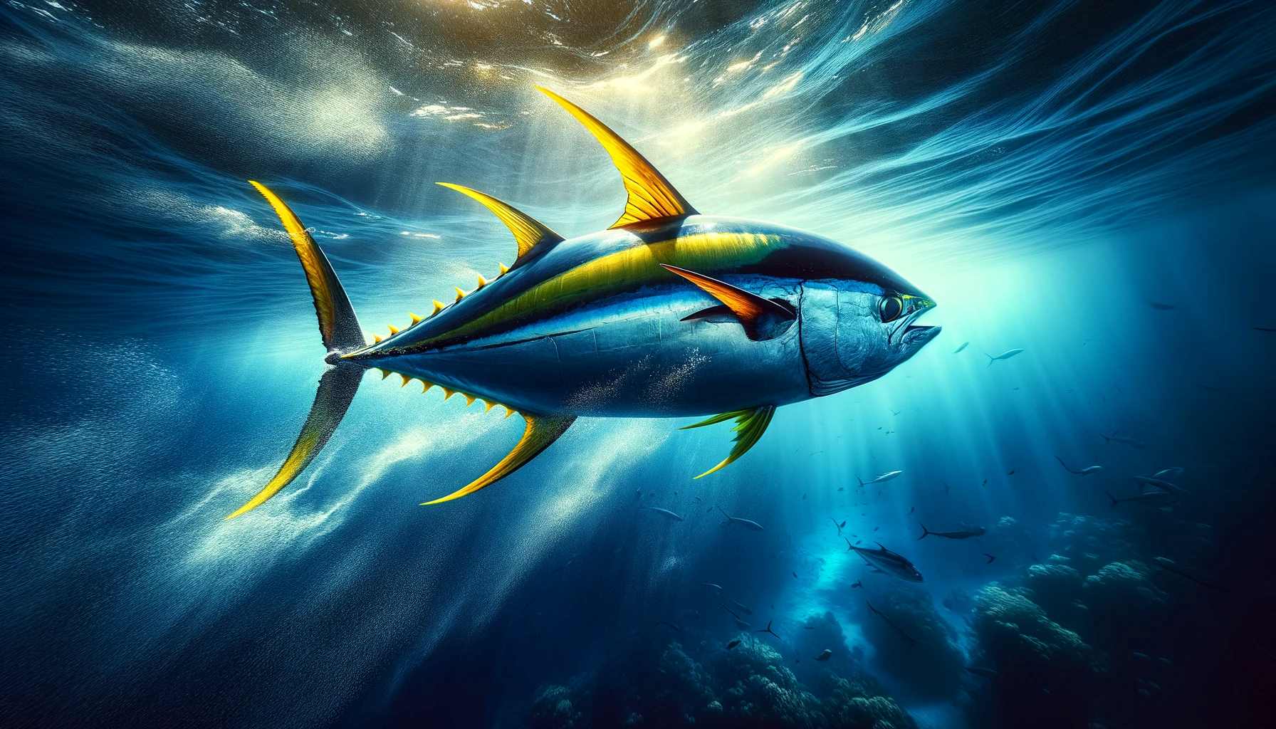 Top Five Destinations to Catch Yellowfin Tuna A dramatic underwater scene capturing a live Yellowfin Tuna, known for its speed and stunning yellow fins, racing through the deep blue ocean.
