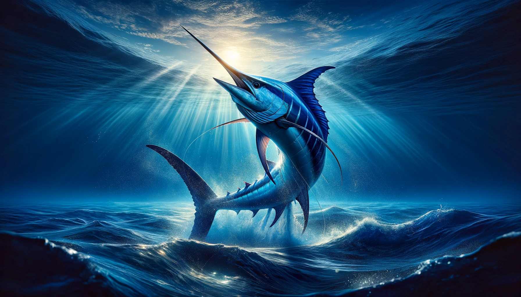 Top 5 Destinations for Atlantic Blue Marlin A magnificent scene in the deep blue ocean showcasing a live Atlantic Blue Marlin, known for its majestic size and spear-like bill. The marlin