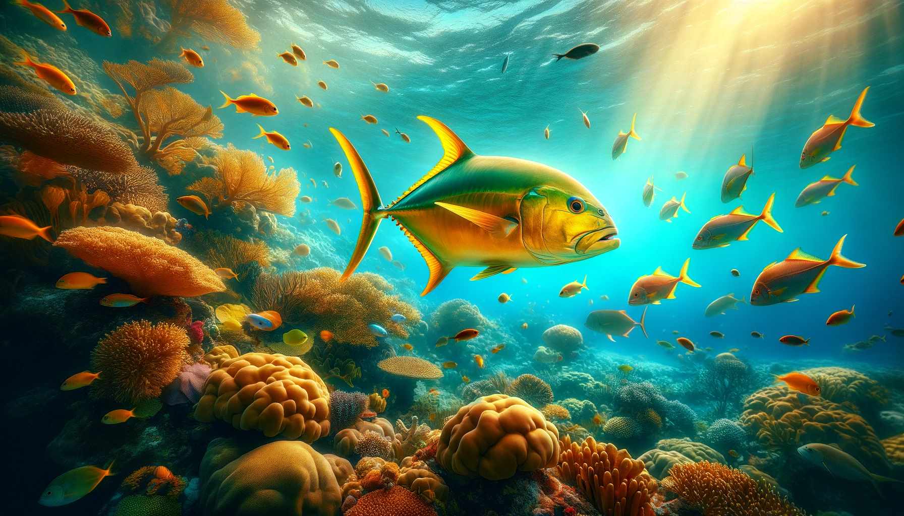 A captivating underwater scene showcasing a live Golden Trevally, distinguished by its bright golden body and sleek, streamlined shape, swimming grace