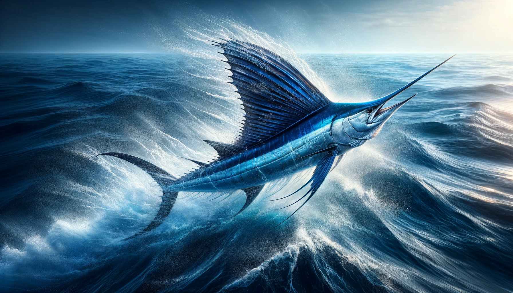An awe-inspiring scene in the open ocean depicting a live Indo-Pacific Sailfish, renowned for its incredible speed and spectacular dorsal fin.