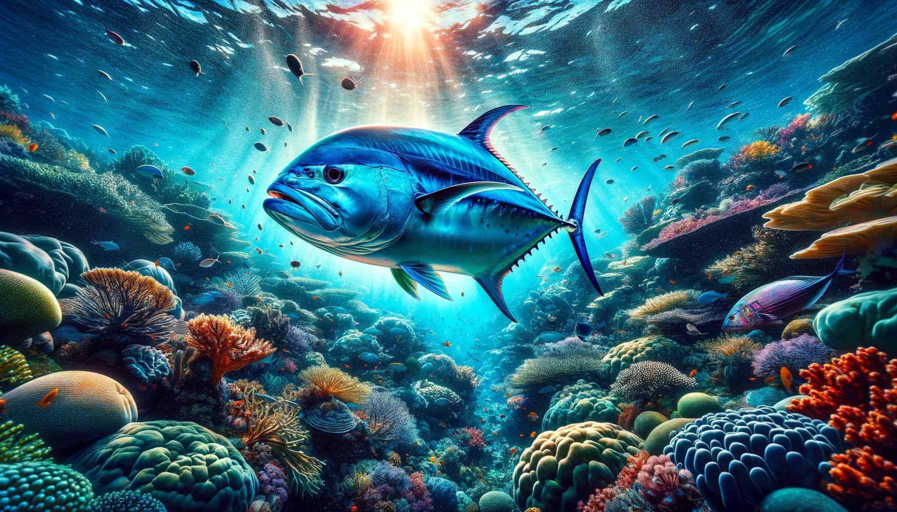 Top Five Destinations to Catch Bluefin Trevally A dynamic underwater scene showcasing a live Bluefin Trevally, known for its striking electric blue coloration and aggressive hunting style