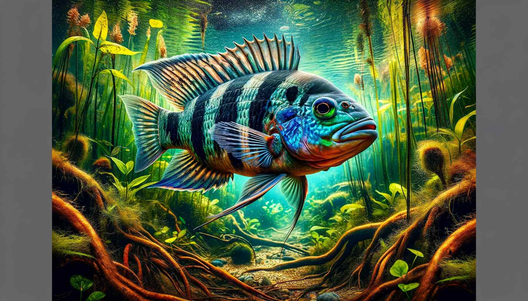 A vivid underwater scene depicting a live Wolf Cichlid, known for its aggressive behavior and striking appearance, swimming in the midst of a densely