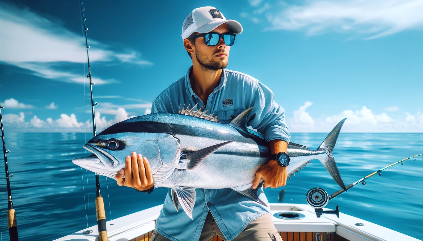 A man in a blue fishing shirt and white cap is holding a large Trevally fish with a prominent forehead and a stout body on a boat.