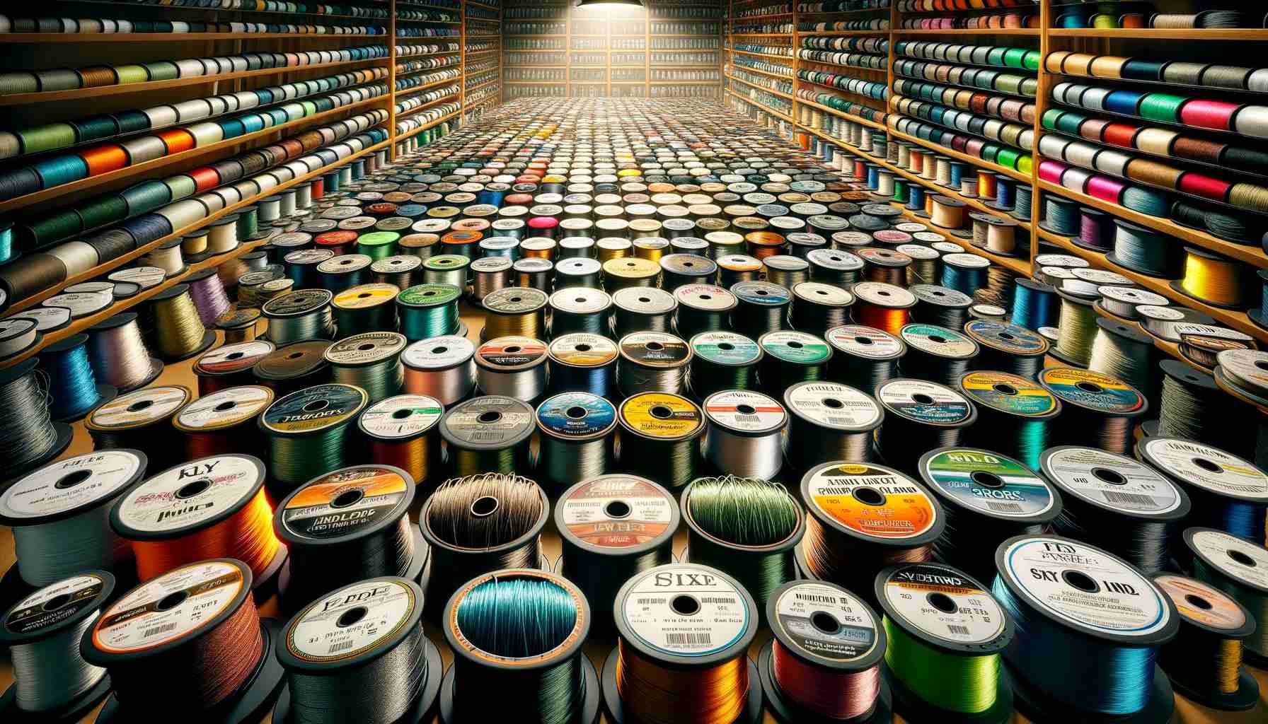 Best Fishing Line 2024 – Reviews and Buyer’s Guide A detailed and colorful array of spools of fishing line, neatly lined up against a backdrop that suggests a professional fishing gear shop.