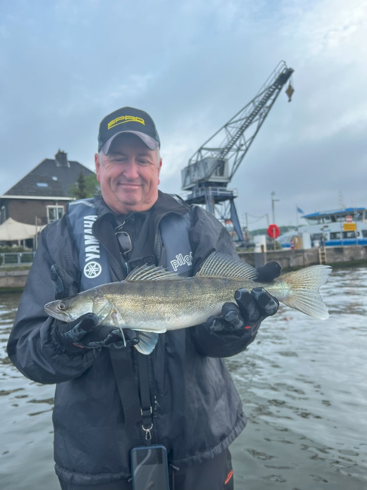 Guy Wann holding a Zander,he caught in the canale of Amsterdam