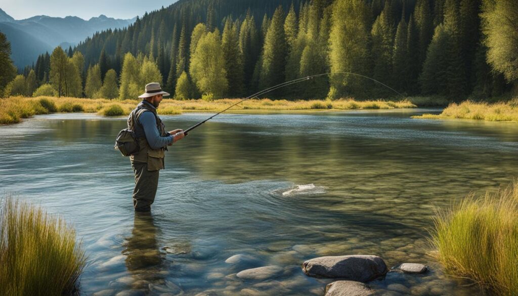 Angler practicing successful fishing methods Angler practicing successful fishing methods
