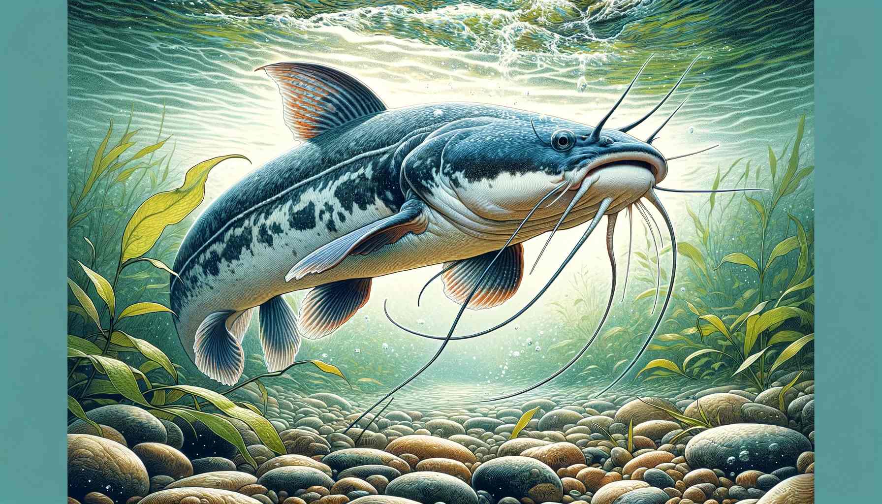 A detailed illustration of a catfish swimming