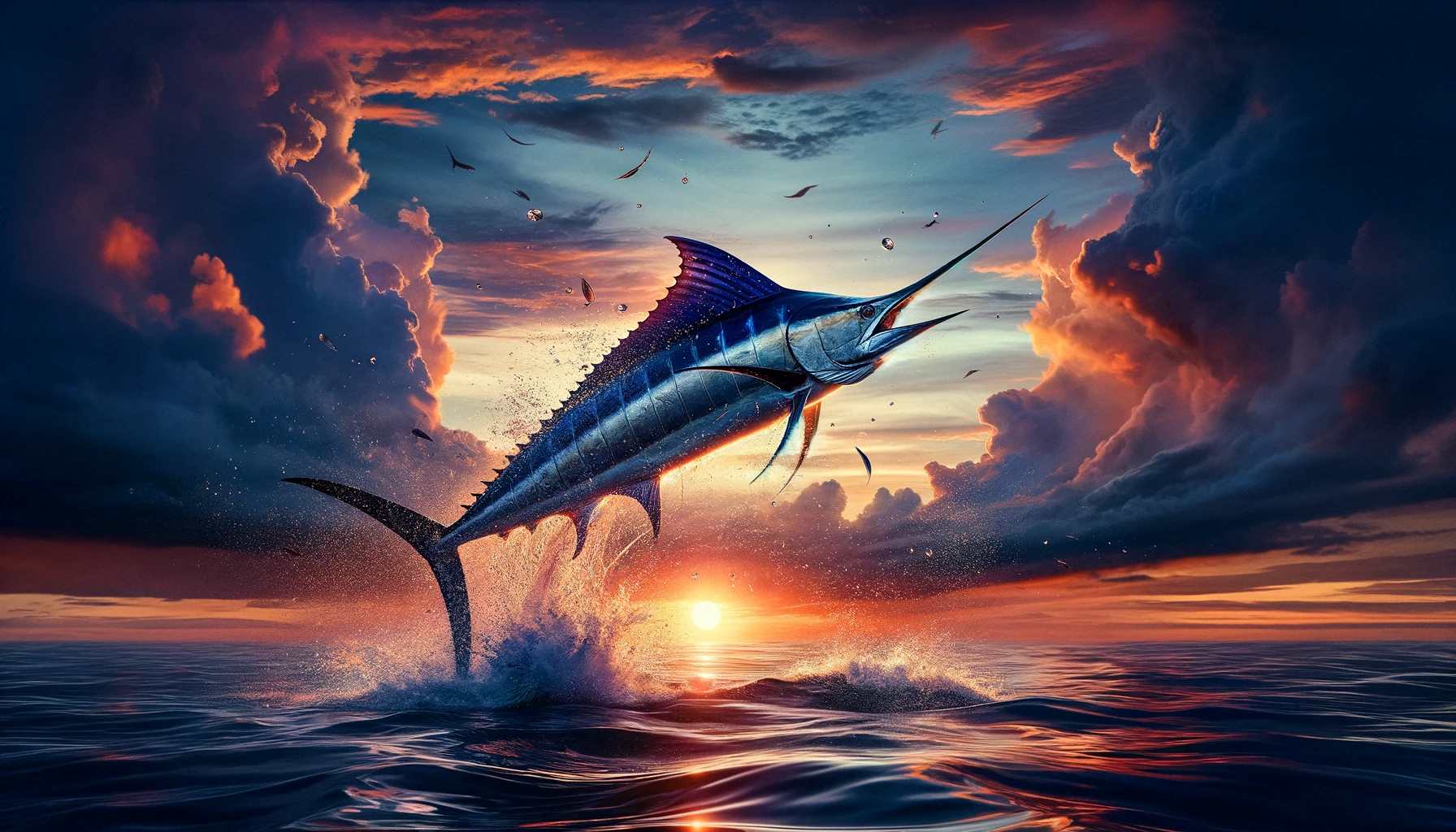Visualize an awe-inspiring scene of a blue marlin in full breach, jumping out of the ocean with the sunset behind it.