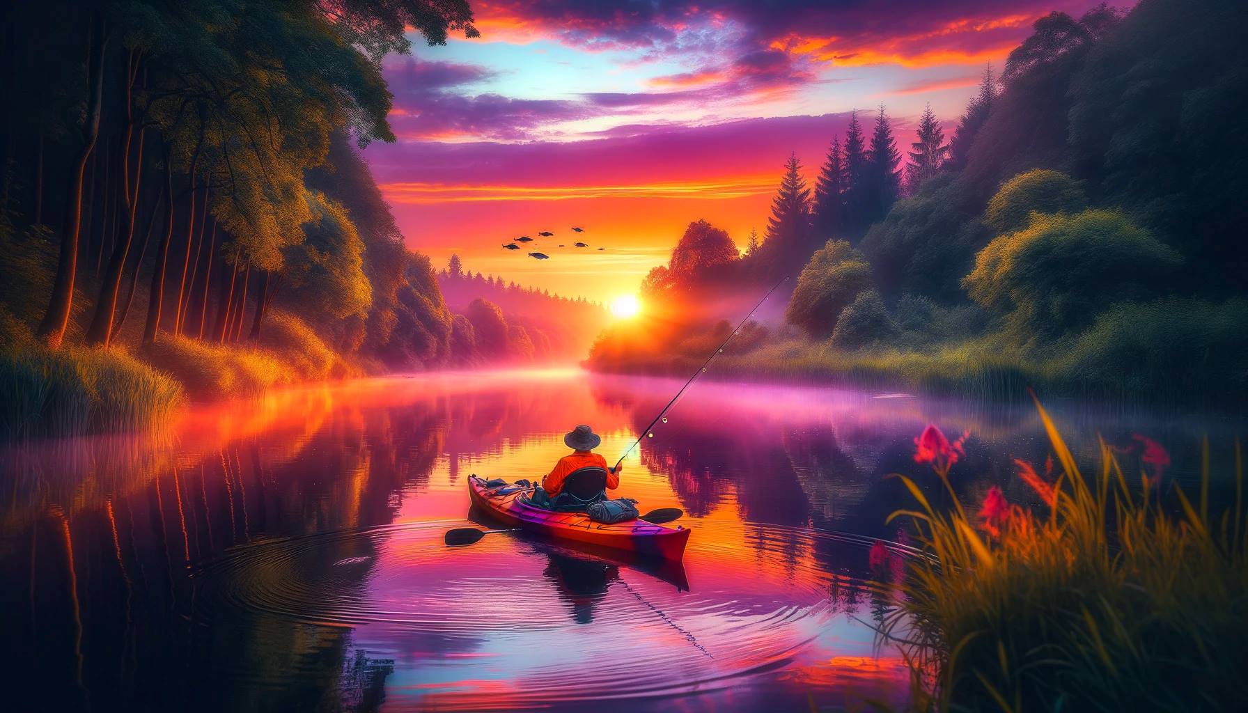 A picturesque scene of kayak fishing on a tranquil river during sunset. The sky is ablaze with shades of orange, pink, and purple as the sun sets Kayak Fishing Tips