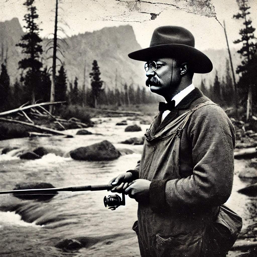 photograph of Teddy Roosevelt, dressed in early 20th-century outdoor attire with a wide-brimmed hat, standing beside a stream