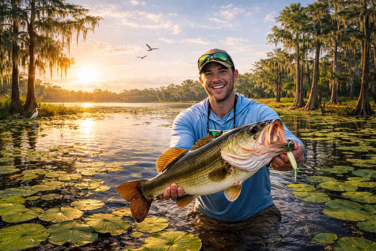 Man holding large fish at sunset